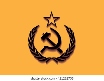 Workers unite sickle and hammer in laurel wreath.Vector illustration.