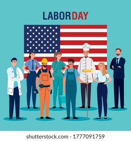 trabajadores con diseño de bandera de los estados unidos, vacaciones del Día del Trabajo y tema patriótico Ilustración vectorial