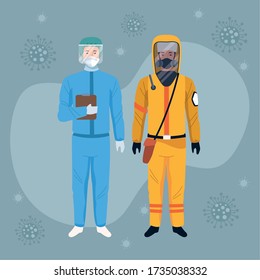 workers using blue and yellow protection virus suits characters vector illustration design
