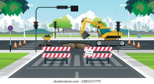 Workers are using an excavator to repair the road at a traffic light intersection.