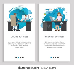 Workers using laptop, people working with computer, internet business, retail online, wireless device, man and woman on workplace, commerce vector. Website or app slider, landing page flat style