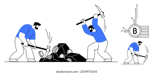 Workers are using pickaxes to break rocks while a Bitcoin symbol connected to a processing chip is shown. Ideal for technology finance cryptocurrencies digital economy blockchain. Cartoon simple style