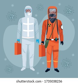 workers using white and orange protection virus suits characters vector illustration design