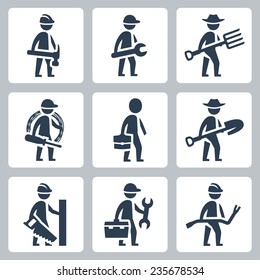 Workers Vector Icon Set: Builder, Machinist, Farmer, Electrician, Businessman, Carpenter