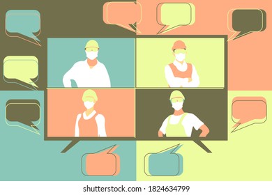 Los trabajadores hacen videollamadas con la conferencia, la pantalla y las burbujas de voz. Trabajadores de la construcción, amigos de la corriente. Chateando desde casa. Hablando sobre el negocio de la construcción y eventos globales. Vector plano. EPS 10.