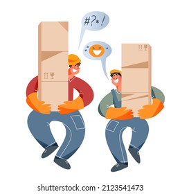 Trabajadores de almacén portadores de parcelas ilustraciones vectoriales. Caricatura de dos hombres con uniforme de cargador y cascos que llevan una pila pesada de cajas de cartón y hablando en el lugar de almacenamiento aislado en blanco