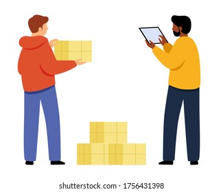 Workers in the warehouse. Movers rearrange boxes. Characters on a white background.