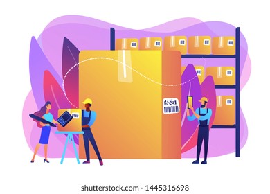 Workers in warehouse, storage facility. Sorting and labeling items. Barcode scanning, barcode generator software, mobile proof of delivery concept. Bright vibrant violet vector isolated illustration