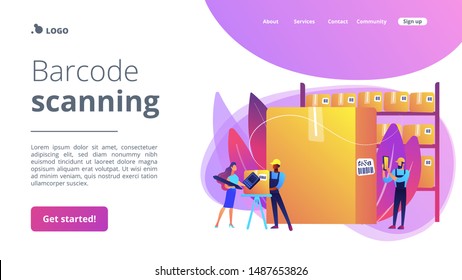 Workers in warehouse, storage facility. Sorting and labeling items. Barcode scanning, barcode generator software, mobile proof of delivery concept. Website homepage landing web page template.