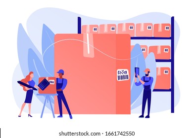 Workers in warehouse, storage facility. Sorting and labeling items. Barcode scanning, barcode generator software, mobile proof of delivery concept. Pinkish coral bluevector isolated illustration