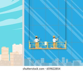 Workers wash windows in a skyscraper. Cleaning service. Vector illustration