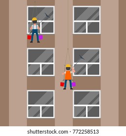 Workers wash the windows. Vector illustration, a flat style design.