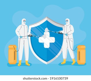trabajadores con traje de riesgo biológico y diseño de ilustraciones vectoriales de protección de escudos