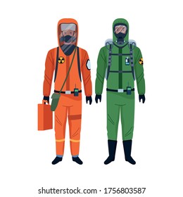 workers wearing biosafety suits characters vector illustration design