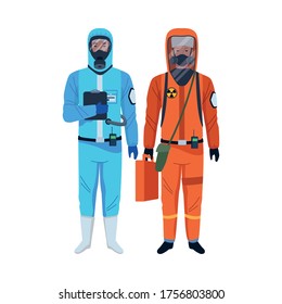 workers wearing biosafety suits characters vector illustration design