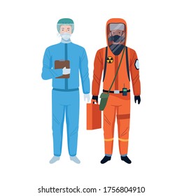 trabajadores con traje de bioseguridad personajes ilustración de vector