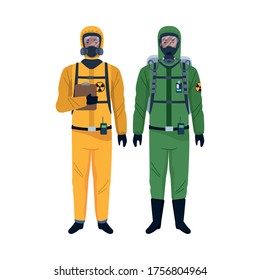 workers wearing biosafety suits characters vector illustration design