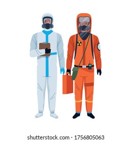 workers wearing biosafety suits characters vector illustration design