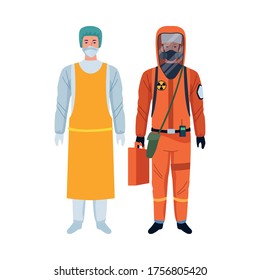 workers wearing biosafety suits characters vector illustration design