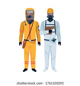 workers wearing biosafety suits characters vector illustration design