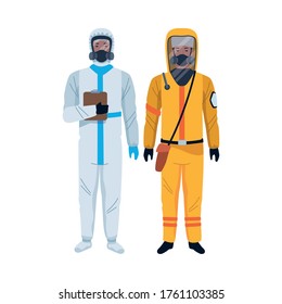 workers wearing biosafety suits characters vector illustration design