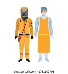 workers wearing biosafety suits characters vector illustration design