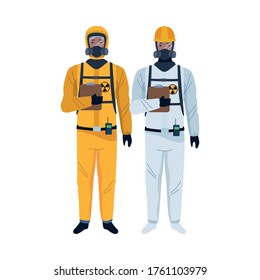 workers wearing biosafety suits characters vector illustration design