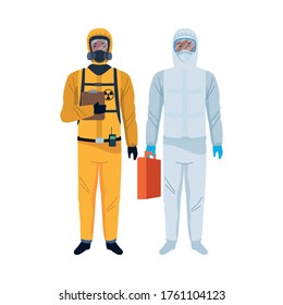 workers wearing biosafety suits characters vector illustration design