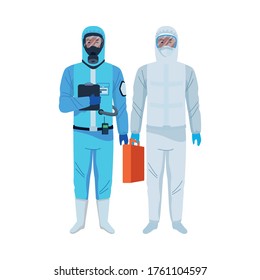 trabajadores con traje de bioseguridad personajes ilustración de vector
