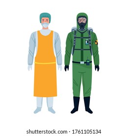 trabajadores con traje de bioseguridad personajes ilustración de vector