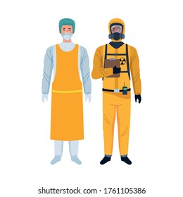workers wearing biosafety suits characters vector illustration design