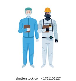 workers wearing biosafety suits characters vector illustration design