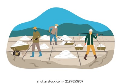 Workers wearing face protection collecting salt flat vector illustration