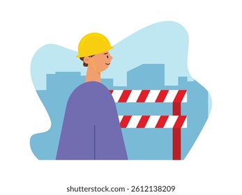 Workers wearing helmets, construction building site. Design character. Vector flat illustration