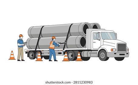 Workers wearing high visibility gear inspect and secure large concrete pipes on a flatbed truck trailer at a job site.