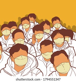 Workers wearing masks to protect from corona virus with orange background