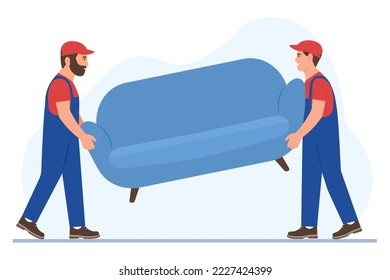  Workers Wearing Uniform Carry Furniture. Two porters carry couch isolated.Delivery and relocation service concept. Vector Illustration