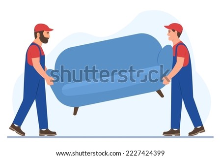  Workers Wearing Uniform Carry Furniture. Two porters carry couch isolated.Delivery and relocation service concept. Vector Illustration