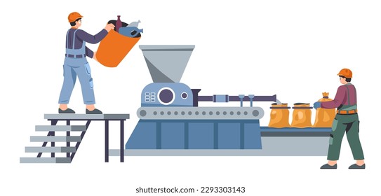 Workers wearing uniforms and helmets working on recycling of garbage and litter items. Isolated people with plastics and metal discharge on line with machinery. Vector in flat style illustration