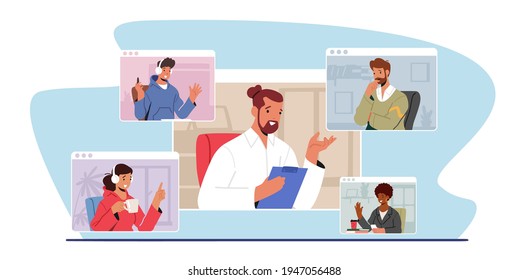 Conferencia de Grupo Webcam Trabajadores con Coworkers en Pantallas Pc. Personajes de negocios, empleados de oficina hablan en videollamadas con compañeros remotos en la sesión de información en línea. Ilustración de vectores de personas de caricatura