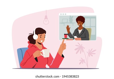 Workers Webcam Video Conference with Coworkers on Pc. Female Character Business Employee with Coffee Cup Speak with Remote Friend or Colleague on Online Meeting. Cartoon People Vector Illustration