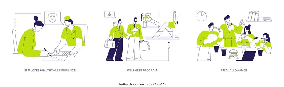 Workers wellbeing abstract concept vector illustration set. Employee healthcare insurance, wellness program, meal allowance, free food at work, company rules, social security abstract metaphor.