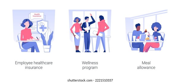 Workers wellbeing isolated concept vector illustration set. Employee healthcare insurance, wellness program, meal allowance, free food at work, company rules, social security vector cartoon.