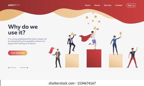 Workers winning awards. Award, competition, cup. Prize, ceremony, team interaction. Efficiency concept. Vector illustration can be used for topics like business, work, time management