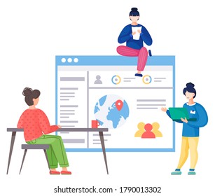 Workers women analysing site statistic, navigation information, profiles of users around the world. Girl sitting at table, woman with laptop smiling, female with document or paper. Teamwork at website