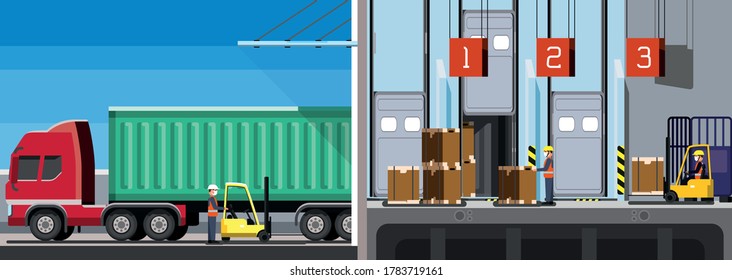 Workers work inside a warehouse, downloading the contents of a container truck, containerization, inventory management, zone picking, new normal, hygiene and prevention covid-19