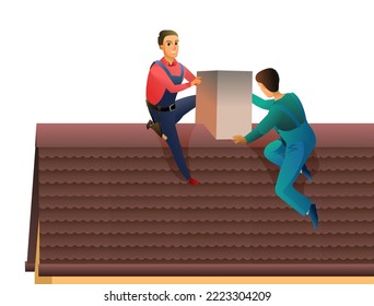 Workers work on roof. Two workers are repairing stove chimney on roof. Cleaning soot in the fireplace. Service illustration Isolated on white background. Vector.