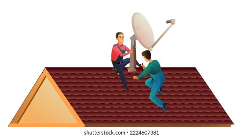 Los trabajadores trabajan en el techo. Dos trabajadores instalan una antena parabólica en el tejado. Antena a la televisión e internet. Ilustración de servicio Aislada en fondo blanco. Vector.