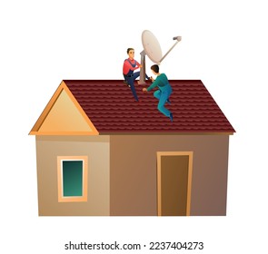 Workers work on roof. Two workers install a satellite dish on the roof. Antenna for television and internet. Small house and two workers. Service illustration Isolated on white background. Vector