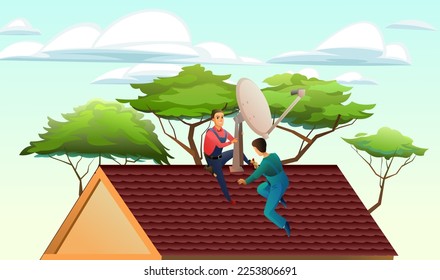 Workers work on roof. Two workers install a satellite dish on the roof. Antenna for television and internet. Against backdrop of trees and sky. Service illustration Vector.